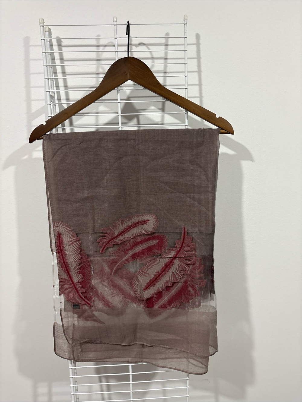 Delicate Feather Embroidered Taupe Scarf